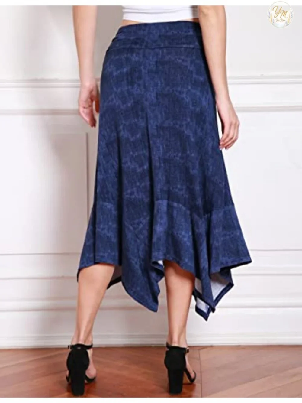 Flowy Handkerchief Hemline Midi Skirt Rayon Blend Elastic Waist